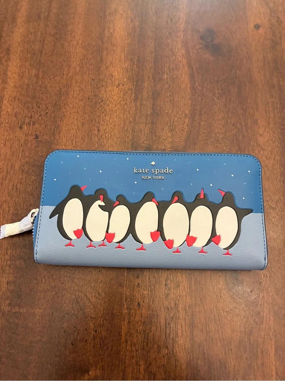 Kate Spade Arctic Friends Penguin Wallet Large Continental Blue Zipper New NWT
